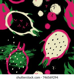 Abstract bright colorful dragon fruit seamless pattern. Hand drawn brush grunge exotic asian fruit background.