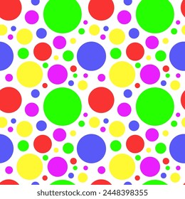 Abstract bright colorful dynamic circles seamless pattern on white background, fabric texture, gift wrapping
