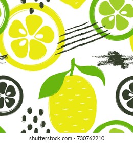 Abstract Bright Colorful Lemon And Lime Seamless Pattern. Hand Drawn Brush Grunge Citrus Fruit Background.