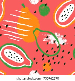 Abstract Bright Colorful Papaya Seamless Pattern. Hand Drawn Brush Grunge Exotic Fruit Background.