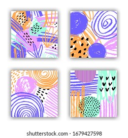Abstract bright colorful pattern card set of blots, spots, hatches and hand drawn textured elements. Trendy square flyer graphic design. EPS 10 vector artistic background illustration.