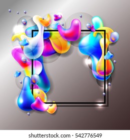 abstract bright colorful plasma drops shapes with a black square frame pattern isolated on metalic background for banner, card, poster, web design, vector illustration collection eps10