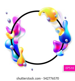 abstract bright colorful plasma drops shapes with a black circle frame pattern isolated on white background for banner, card, poster, web design, vector illustration collection eps10