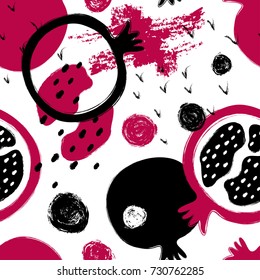 Abstract bright colorful pomegranate seamless pattern. Hand drawn brush grunge garnet fruit background.