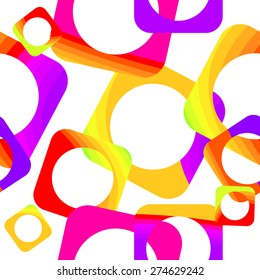 Abstract bright colorful seamless pattern with squares and circles on a white
