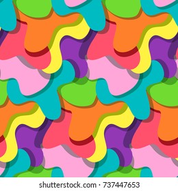 Abstract bright colorful splashes with shadow seamless pattern in memphis style. Fashion contrast colour texture for textile, cover, surface, banner design, wallpaper, background