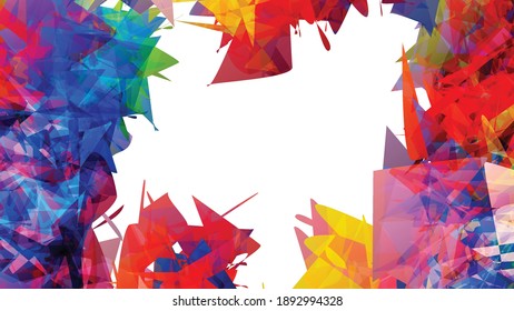 Abstract bright colorful template with polygonal random shapes on white background. Spikes of color burst create artistic border. Modern minimal geometric banner design.