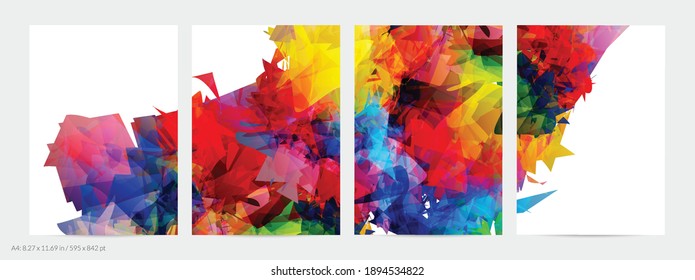 Abstract bright colorful template with polygonal random shapes on white background. Spikes of color burst create artistic border. Modern minimal geometric banner design.