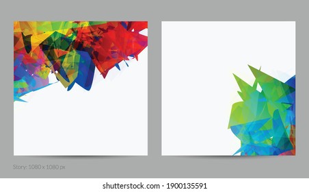 Abstract bright colorful template with polygonal random shapes on white background. Spikes of color burst create artistic border. Modern minimal geometric banner design.