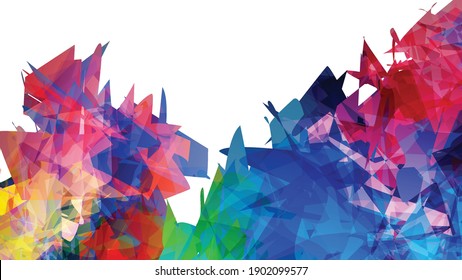 Abstract bright colorful template with polygonal random shapes on white background. Spikes of color burst create artistic border. Modern minimal geometric banner design.