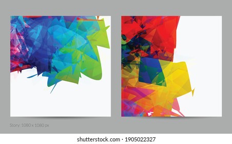 Abstract bright colorful template with polygonal random shapes on white background. Spikes of color burst create artistic border. Modern minimal geometric banner design.