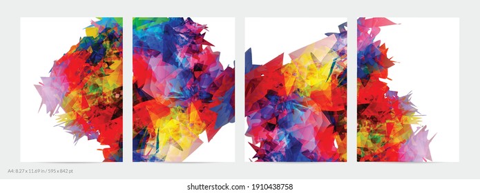 Abstract bright colorful template with polygonal random shapes on white background. Spikes of color burst create artistic border. Modern minimal geometric banner design.