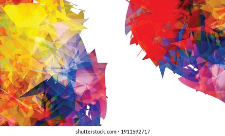 Abstract bright colorful template with polygonal random shapes on white background. Spikes of color burst create artistic border. Modern minimal geometric banner design.