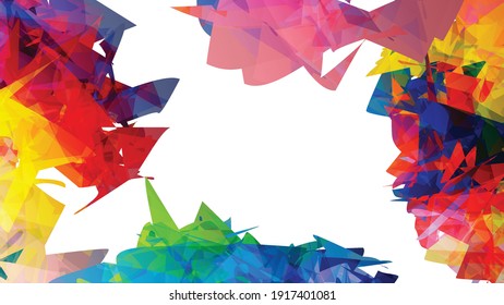 Abstract bright colorful template with polygonal random shapes on white background. Spikes of color burst create artistic border. Modern minimal geometric banner design.