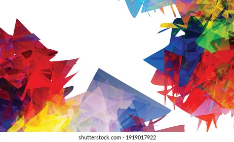 Abstract bright colorful template with polygonal random shapes on white background. Spikes of color burst create artistic border. Modern minimal geometric banner design.