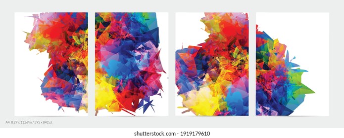 Abstract bright colorful template with polygonal random shapes on white background. Spikes of color burst create artistic border. Modern minimal geometric banner design.
