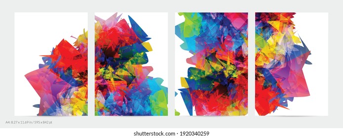 Abstract bright colorful template with polygonal random shapes on white background. Spikes of color burst create artistic border. Modern minimal geometric banner design.