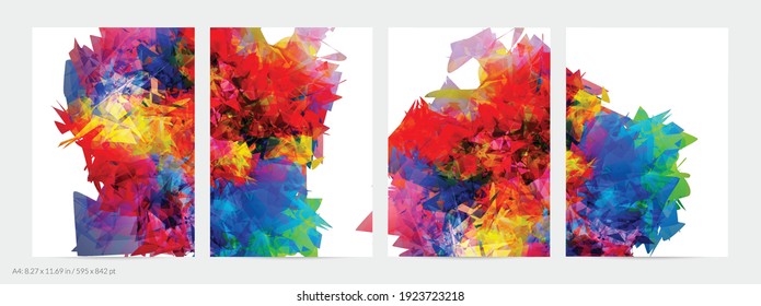 Abstract bright colorful template with polygonal random shapes on white background. Spikes of color burst create artistic border. Modern minimal geometric banner design.