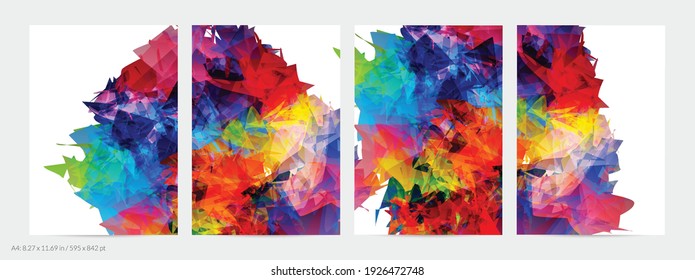 Abstract bright colorful template with polygonal random shapes on white background. Spikes of color burst create artistic border. Modern minimal geometric banner design.