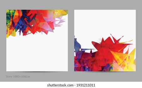 Abstract bright colorful template with polygonal random shapes on white background. Spikes of color burst create artistic border. Modern minimal geometric banner design.