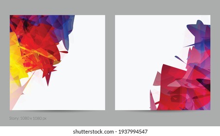 Abstract bright colorful template with polygonal random shapes on white background. Spikes of color burst create artistic border. Modern minimal geometric banner design.