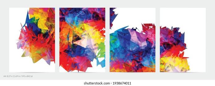 Abstract bright colorful template with polygonal random shapes on white background. Spikes of color burst create artistic border. Modern minimal geometric banner design.