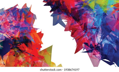 Abstract bright colorful template with polygonal random shapes on white background. Spikes of color burst create artistic border. Modern minimal geometric banner design.