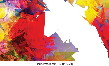 Abstract bright colorful template with polygonal random shapes on white background. Spikes of color burst create artistic border. Modern minimal geometric banner design.