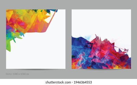 Abstract bright colorful template with polygonal random shapes on white background. Spikes of color burst create artistic border. Modern minimal geometric banner design.