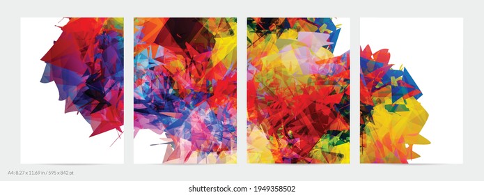 Abstract bright colorful template with polygonal random shapes on white background. Spikes of color burst create artistic border. Modern minimal geometric banner design.