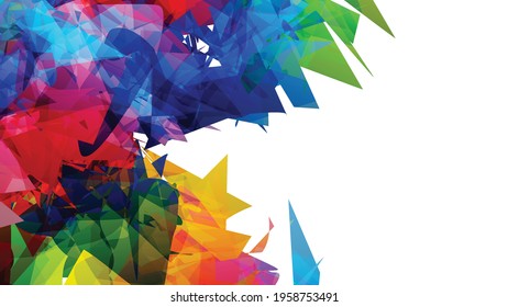 Abstract bright colorful template with polygonal random shapes on white background. Spikes of color burst create artistic border. Modern minimal geometric banner design.