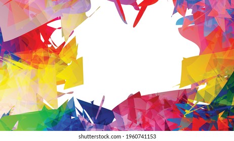 Abstract bright colorful template with polygonal random shapes on white background. Spikes of color burst create artistic border. Modern minimal geometric banner design.