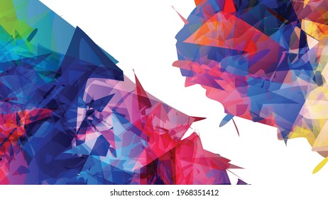 Abstract bright colorful template with polygonal random shapes on white background. Spikes of color burst create artistic border. Modern minimal geometric banner design.