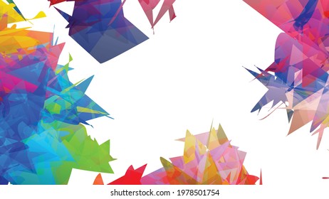 Abstract bright colorful template with polygonal random shapes on white background. Spikes of color burst create artistic border. Modern minimal geometric banner design.
