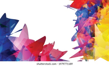 Abstract bright colorful template with polygonal random shapes on white background. Spikes of color burst create artistic border. Modern minimal geometric banner design.