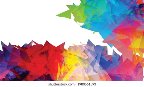 Abstract bright colorful template with polygonal random shapes on white background. Spikes of color burst create artistic border. Modern minimal geometric banner design.