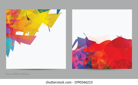 Abstract bright colorful template with polygonal random shapes on white background. Spikes of color burst create artistic border. Modern minimal geometric banner design.