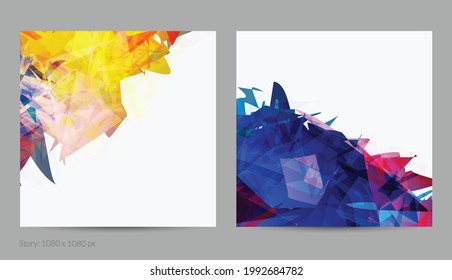 Abstract bright colorful template with polygonal random shapes on white background. Spikes of color burst create artistic border. Modern minimal geometric banner design.