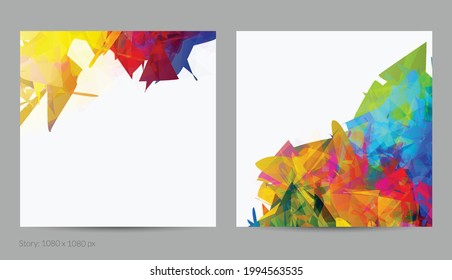 Abstract bright colorful template with polygonal random shapes on white background. Spikes of color burst create artistic border. Modern minimal geometric banner design.
