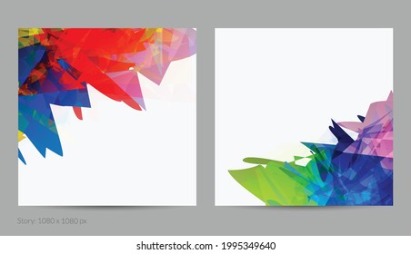 Abstract bright colorful template with polygonal random shapes on white background. Spikes of color burst create artistic border. Modern minimal geometric banner design.