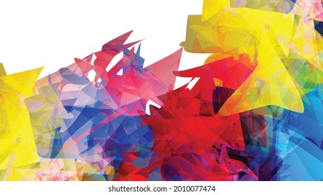 Abstrakte, helle Vorlage mit mehrfarbigen Zufallsformen auf weißem Hintergrund. Farbspitzen erzeugen künstlerische Grenzen. Modernes minimales geometrisches Bannerdesign.