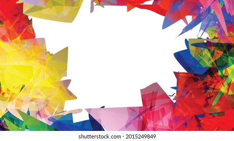 Abstract bright colorful template with polygonal random shapes on white background. Spikes of color burst create artistic border. Modern minimal geometric banner design.