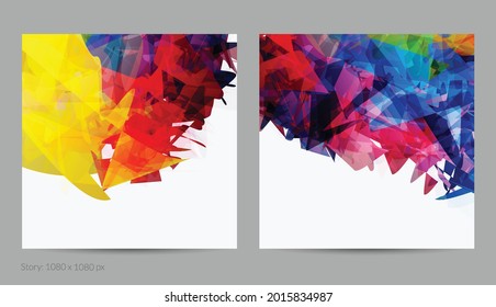 Abstract bright colorful template with polygonal random shapes on white background. Spikes of color burst create artistic border. Modern minimal geometric banner design.