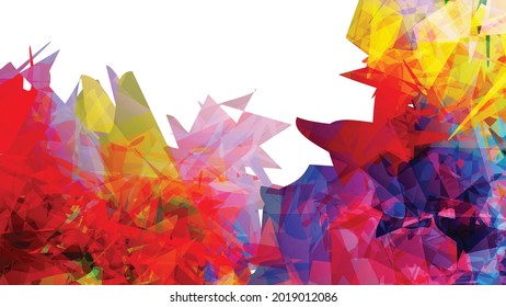 Abstract bright colorful template with polygonal random shapes on white background. Spikes of color burst create artistic border. Modern minimal geometric banner design.