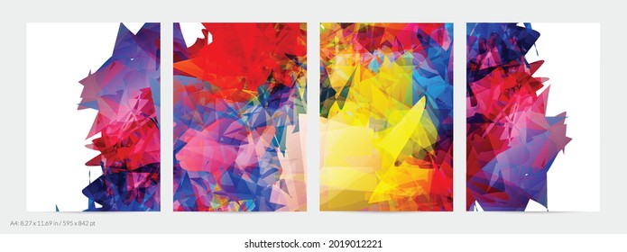 Abstract bright colorful template with polygonal random shapes on white background. Spikes of color burst create artistic border. Modern minimal geometric banner design.