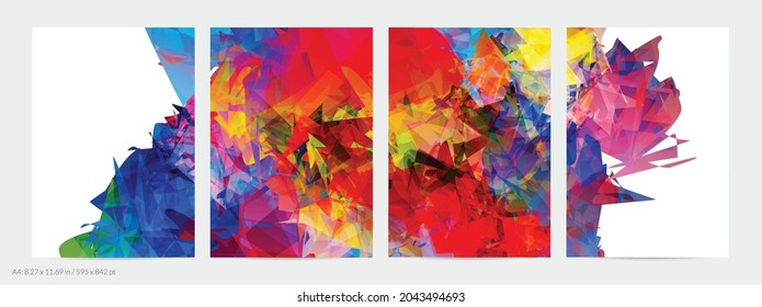 Abstract bright colorful template with polygonal random shapes on white background. Spikes of color burst create artistic border. Modern minimal geometric banner design.