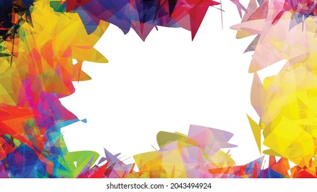 Abstract bright colorful template with polygonal random shapes on white background. Spikes of color burst create artistic border. Modern minimal geometric banner design.