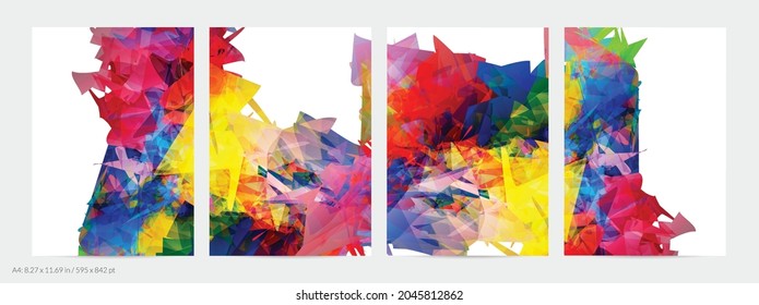 Abstract bright colorful template with polygonal random shapes on white background. Spikes of color burst create artistic border. Modern minimal geometric banner design.