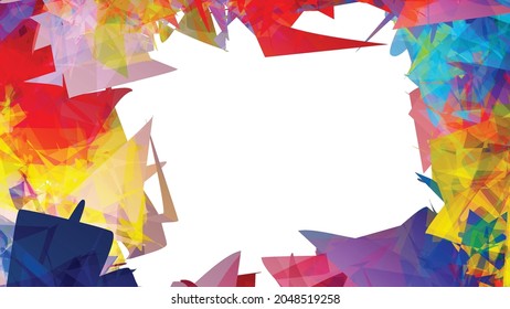 Abstract bright colorful template with polygonal random shapes on white background. Spikes of color burst create artistic border. Modern minimal geometric banner design.
