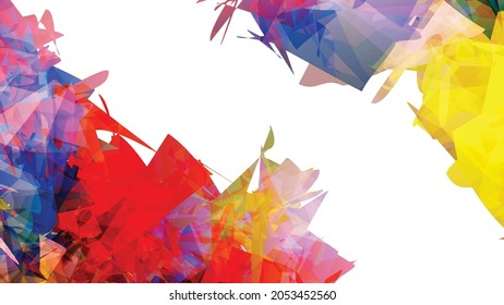 Abstract bright colorful template with polygonal random shapes on white background. Spikes of color burst create artistic border. Modern minimal geometric banner design.